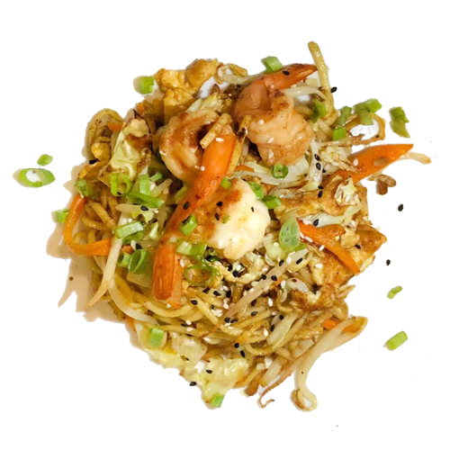 Yakisoba con gambas y curry a la plancha